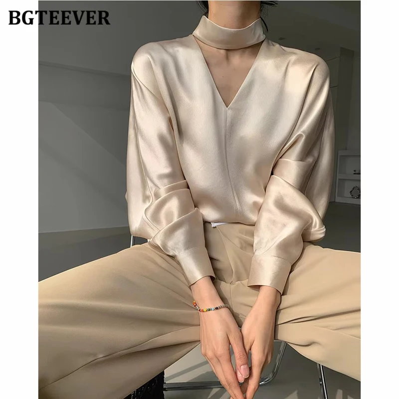 

BGTEEVER Elegant V-neck Ladies Pullovers Blouses Tops Long Sleeve Loose Women Satin Shirts Spring Female Solid Blusas