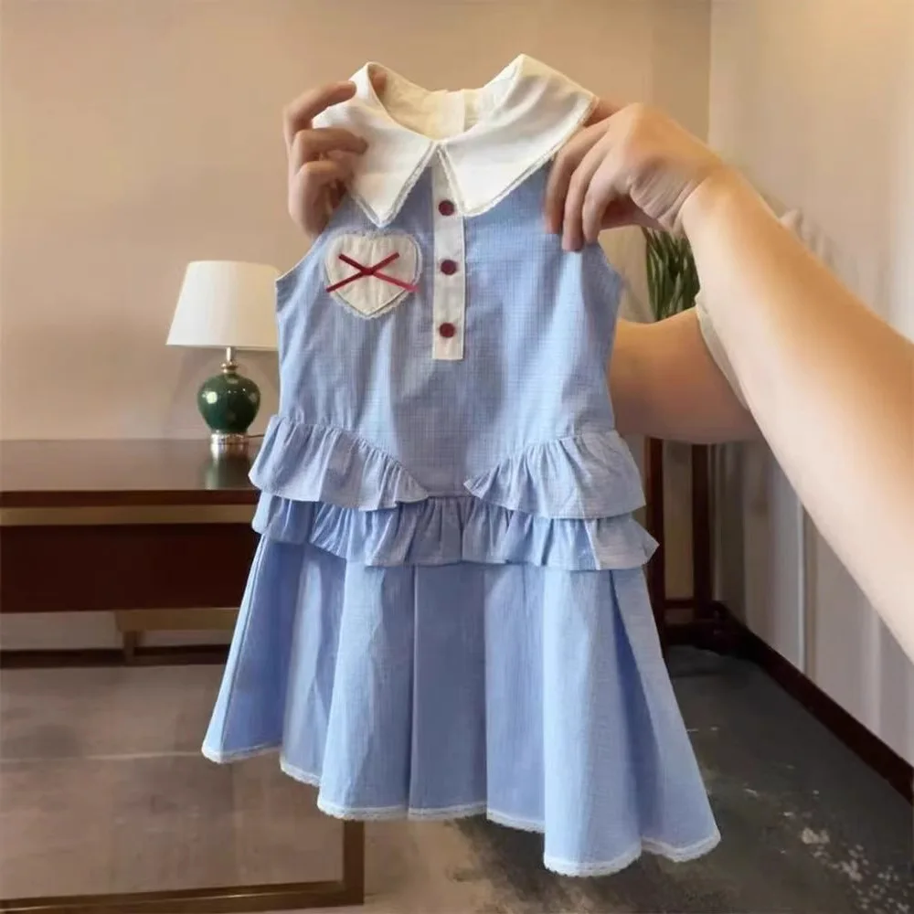 Girls' Summer Dress Sweet Collared Heart-shaped Vest Dress Stylish Children's Ruffled Plaid Princess Dress Baby Girl Clothes