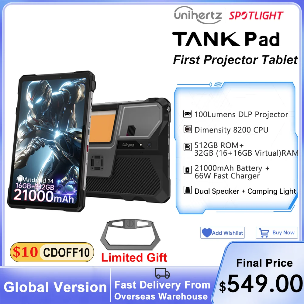 Unihertz Tank PAD Phone with Projector 8849 Rugged Tablet Dimensity 8200 Android 32GB 512GB 21000mAh 10.95