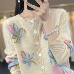 Pull en cachemire à col rond pour femme, cardigan en tricot étranger, 100% pure laine, coutures florales, manches longues, automne et hiver, nouveau