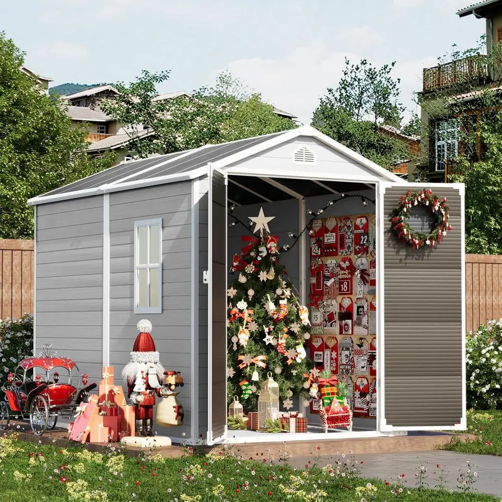 

Grey Weather-Resistant Outdoor Storage Shed with Floor, Drainage, Windows, and Lockable Door