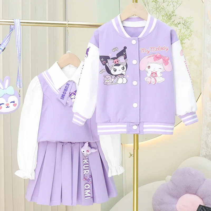 

New Sanrio Girls Jacket Shirt Set Pleated Skirt Kuromi Cartoon Autumn Winter Fashion Jk Suit Casual Clothing Kids Christmas Gift