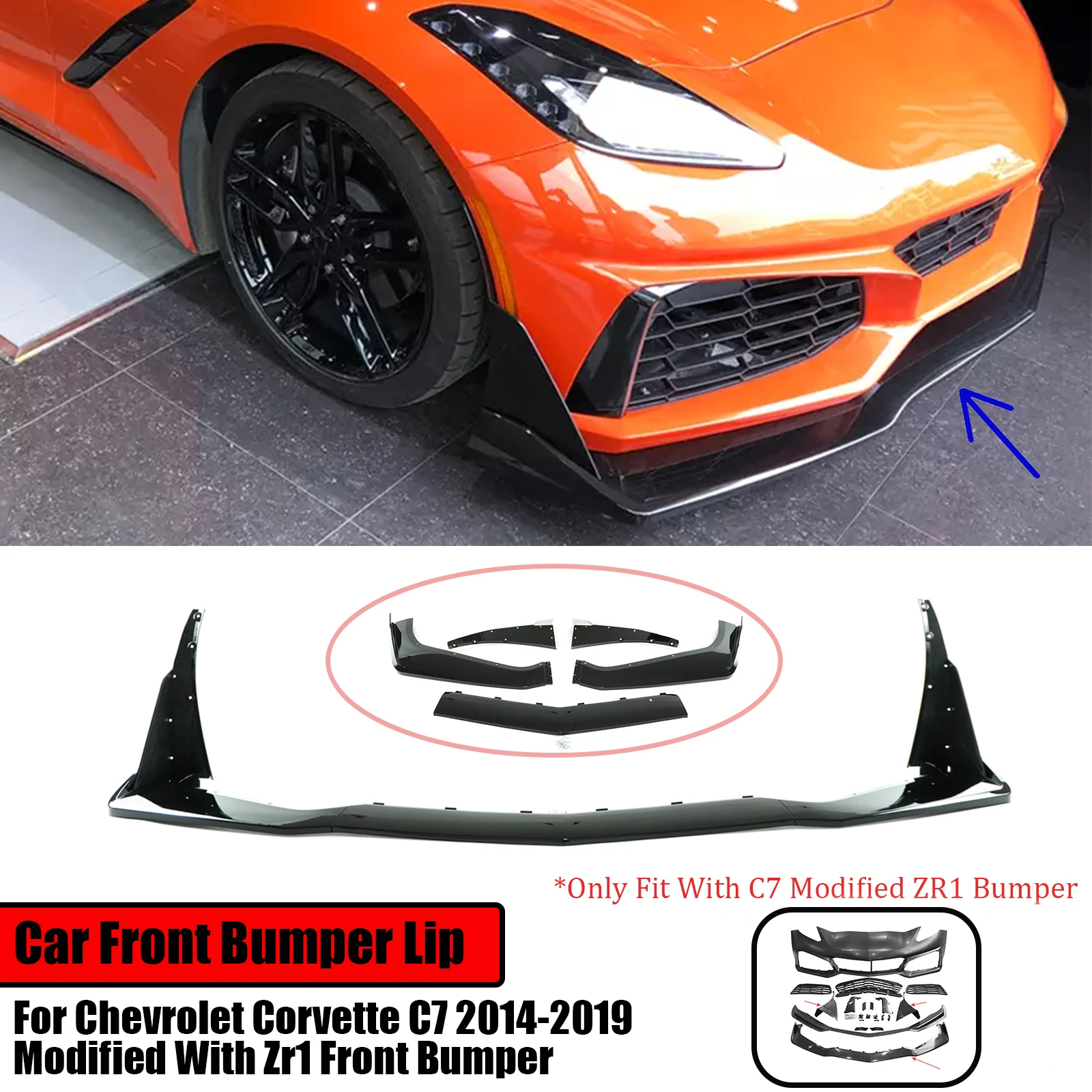 Car Lip With Winglets For Chevrolet Corvette C7 2014-2019 Modified With Zr1 Front Bumper Spoiler Splitter Body Kit Glossy Black