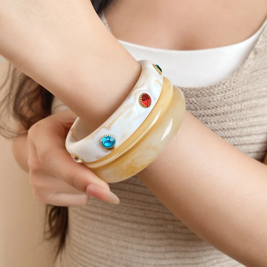 3 Pcs Retro Marbled Resin Bangle for Women Colorful Rhinestone Cuff Bracelet Stackable Statement Jewelry for Daily Party K+