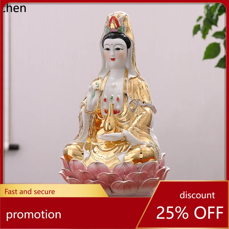 

Cz 12~20inch family safe ten thousand beads golden body holding bottle guanyin bodhisattva ornament real gold color