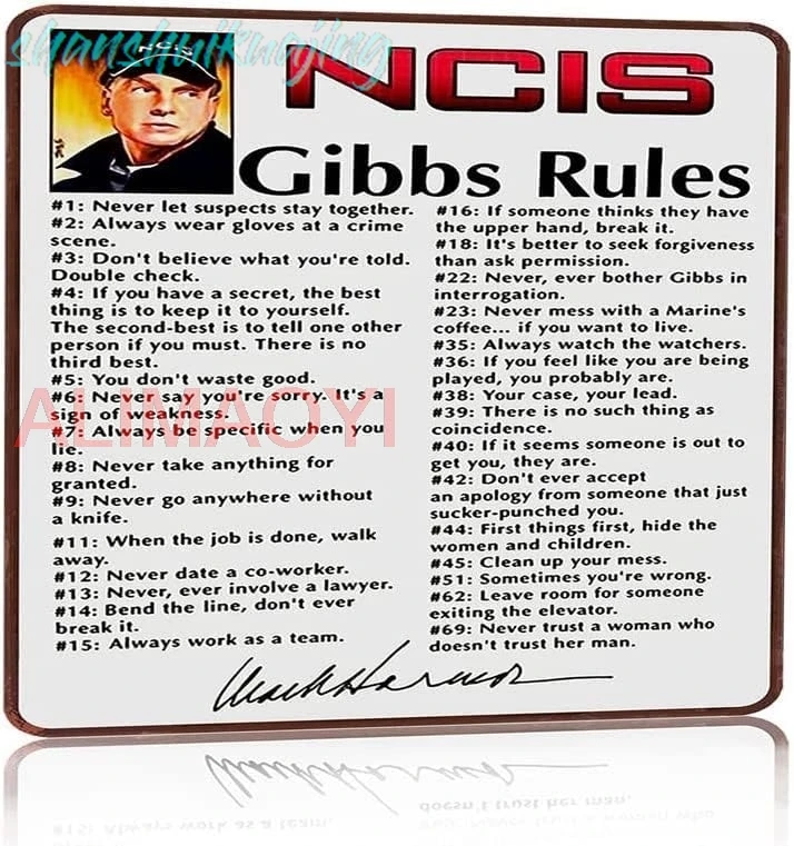 UNBARD NCIS Gibbs Rules Leroy Jethro Gibbs Signature Funny 69 Rules Tin Metal Sign for Man Cave Shop Bar Pub Wall Decor 12x