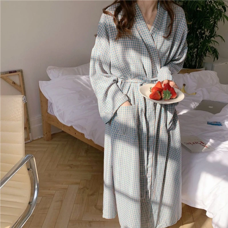 Plaid Robes Women Spring Simple Loose Homewear All-match Ins Korean Fashion Mid-calf Pockets Vintage Comfort Bathrobe College