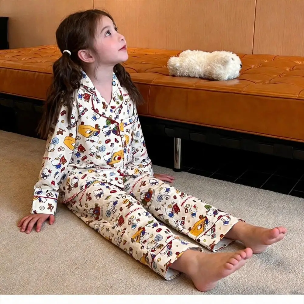 

Мягкий пижамный комплект Sanrio, детские милые пижамы с героями мультфильмов Hello Kitty, осенняя удобная одежда для сна с длинными рукавами для девочек, домашняя одежда