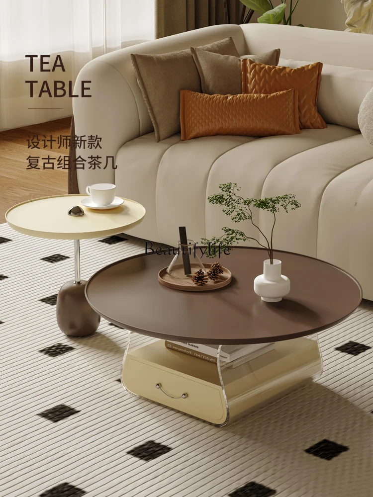 

Coffee table French cream style retro acrylic round creative combination high sense