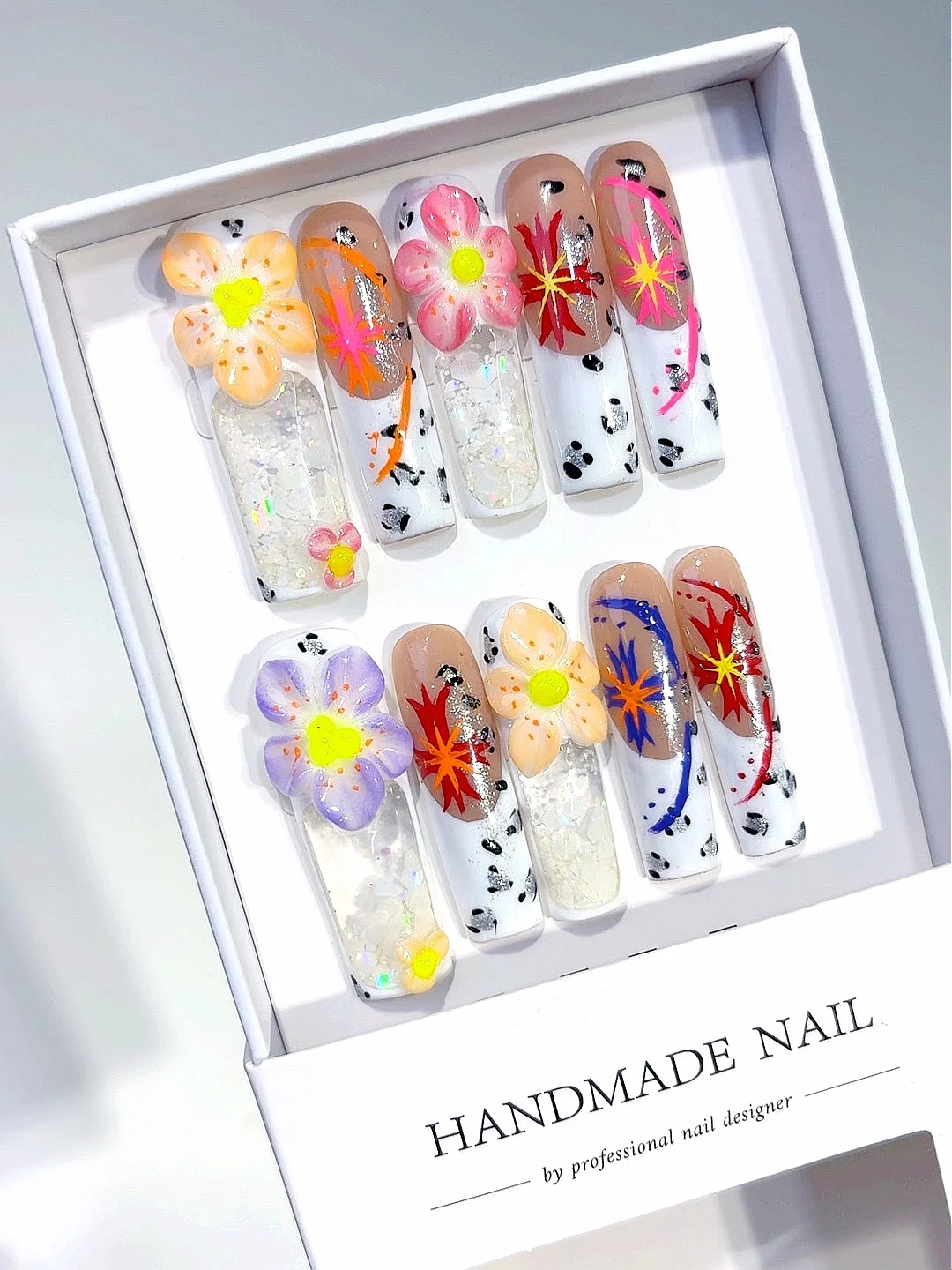الملونة ثلاثية الأبعاد الأزهار الألعاب النارية بريق الدلماسي طباعة طويلة مربع اضغط على الأظافر - اليدوية Y2K بلينغ الأظافر كاذبة مع النيون (O02) #5