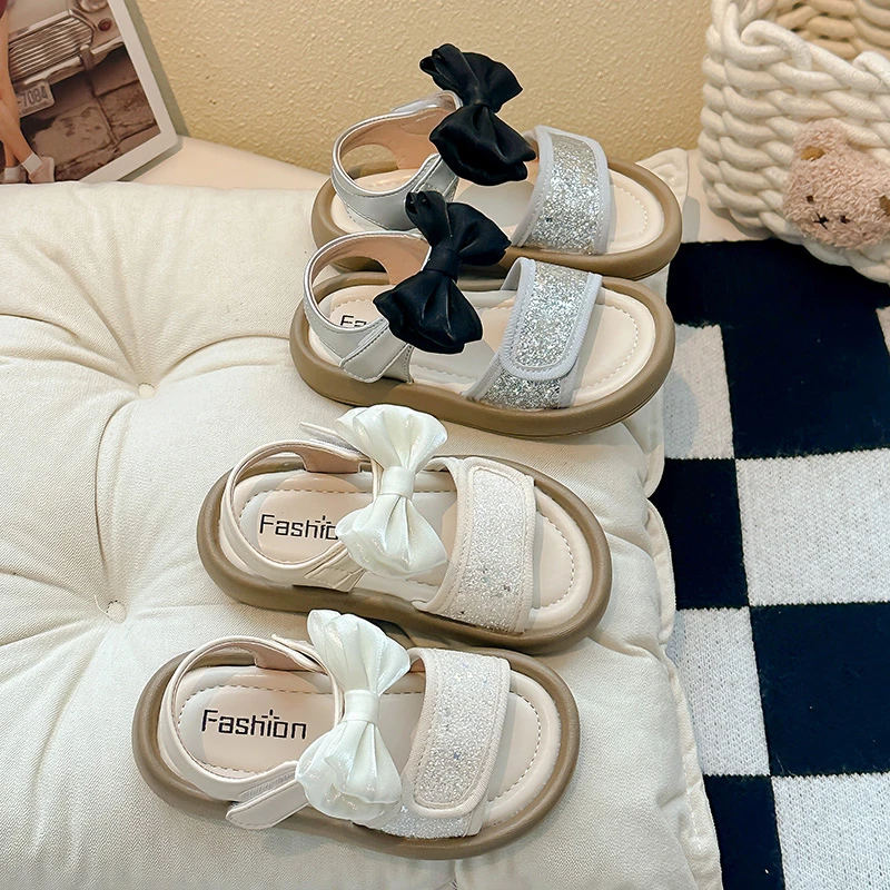 Little Girls Glitter Sandals with Bow-knot Open Toe Children Summer Beach Shoes Non-Slip Kids Casual Princess Sandals Hook Loop