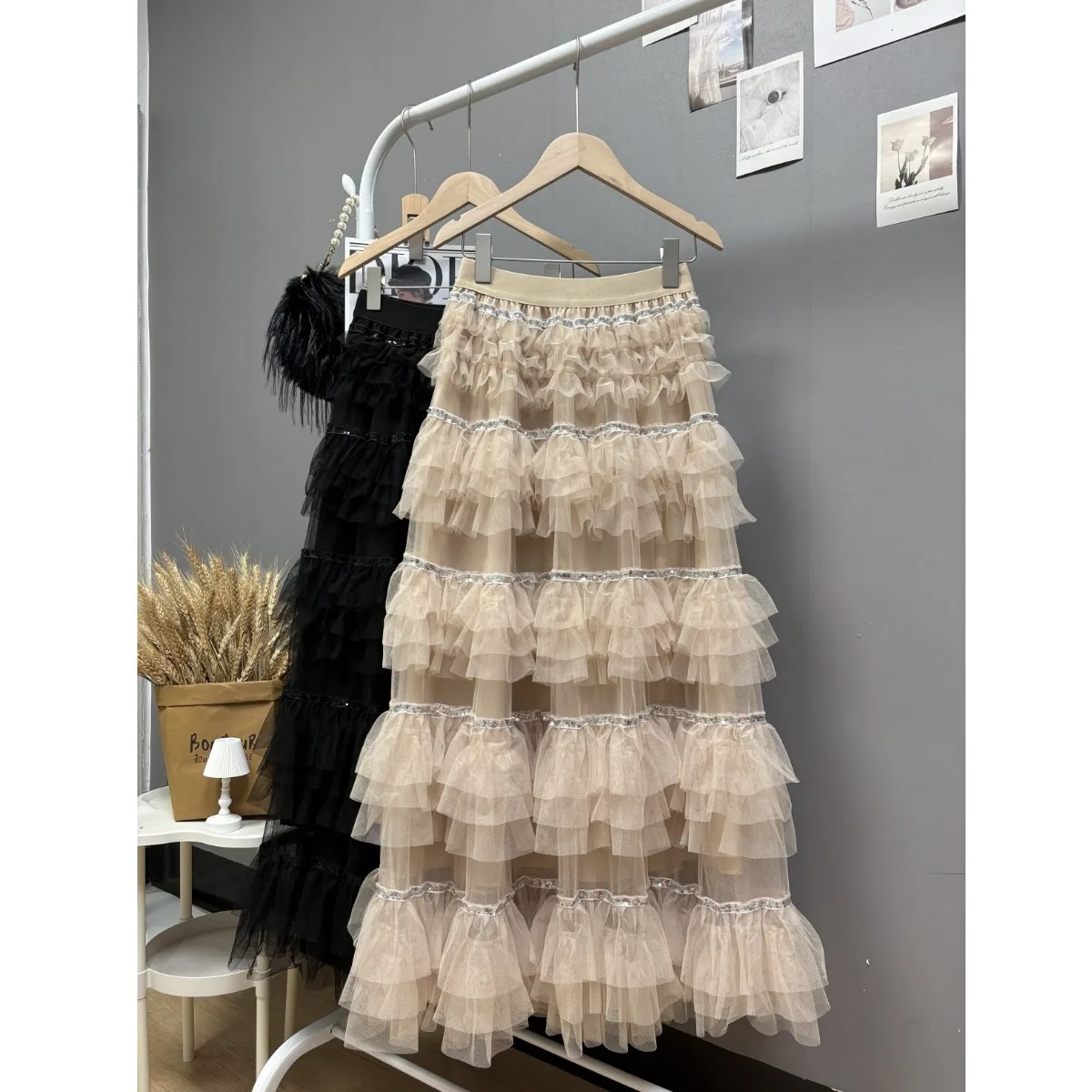 

Длинная многослойная юбка-макси из фатина с пайетками и кружевом в корейском стиле, пышная, как у принцессы