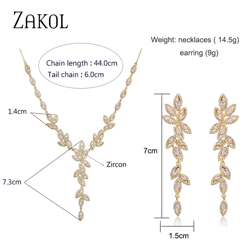 ZAKOL Luxury Gold Color Leaf Bridal Wedding Jewelry Sets for Women Marquise Zircon Earrings Necklace Bracelets Set