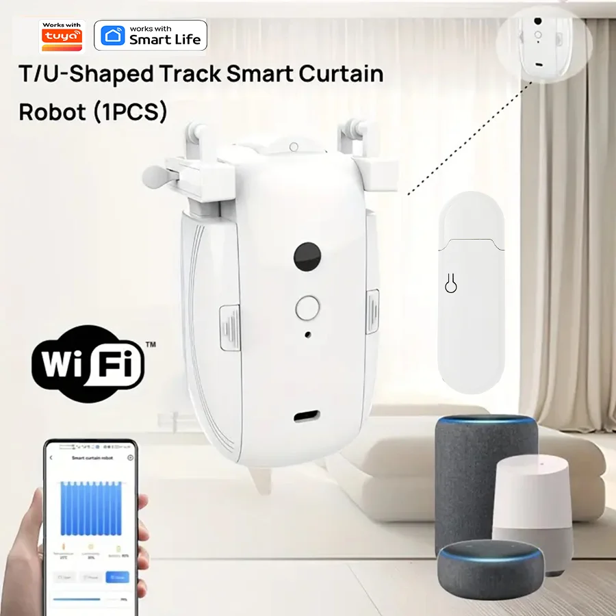 1/2pcs Smart WiFi Curtain Robot with Wi-Fi Gateway, APP Remote Control, Automatic Opening Hand Pull Start，Compatible with Alexa