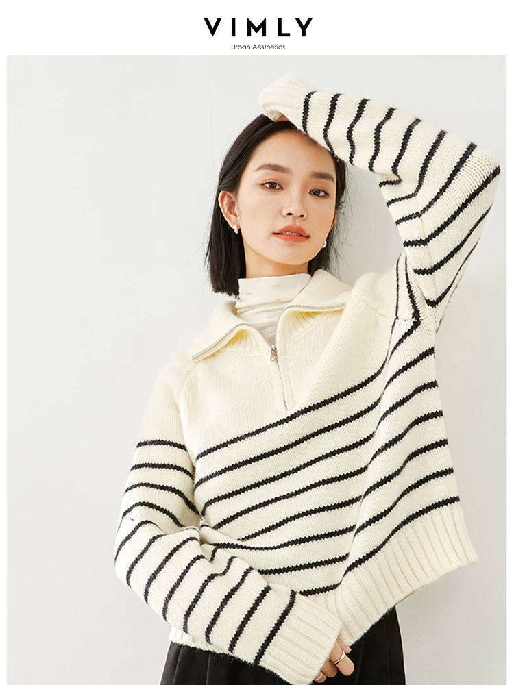 Vimly Contrast Striped Sweater 2023 Winter Knitted Pullovers Half Zipper Lapel Loose Tops High Strecth Jumpers Knitwear 16369