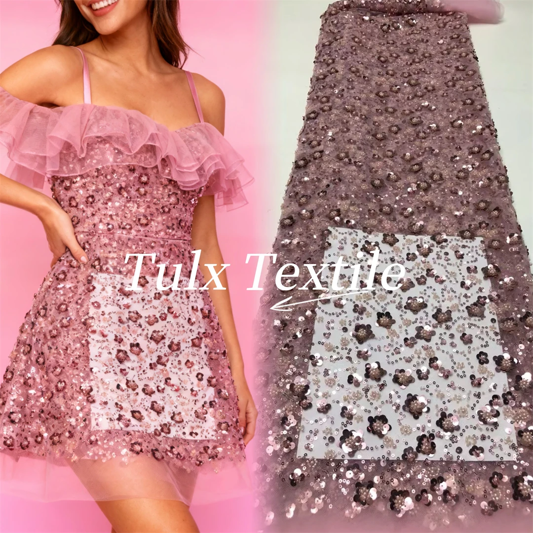 

African Pink Luxury Lace Fabric 5yards Beads With Sequins High Quality Nigerian Mesh Lace Material For Party Wedding Dresses