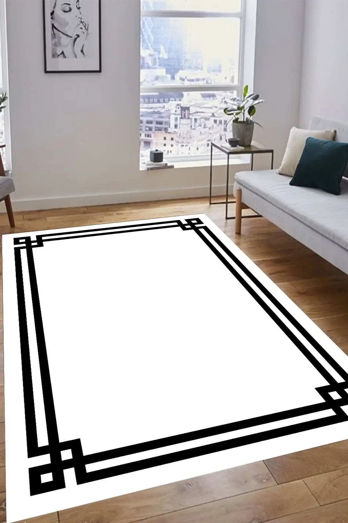 DOLBOVI white floor black frame digital printing washable non-slip woven floor living room carpet kitchen runner