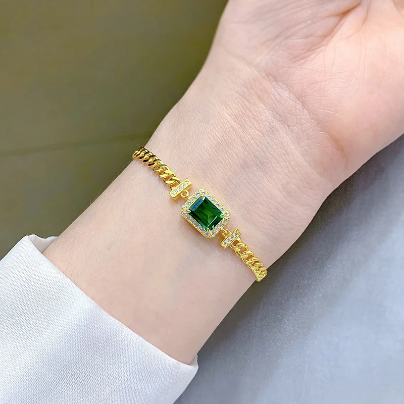 Imagem -05 - Grown Emerald Cuban Chain Bracelet 925 Sterling Silver Charm Bracelets 14k Gold Plated Bangle Fine Jewelry 6x8 mm Lab