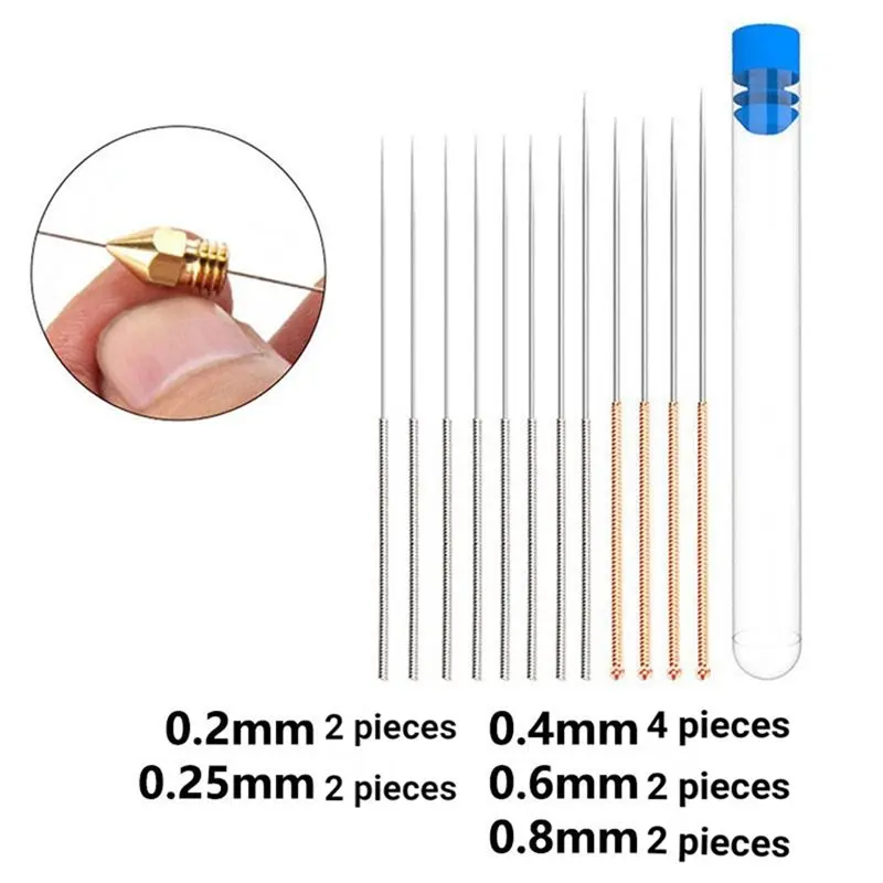 DT21 12Pcs 3D Printer Nozzle Cleaning Tool Stainless Steel Needles Hotend Unclogging Kit 0.2-0.8mm for PLA ABS Filament