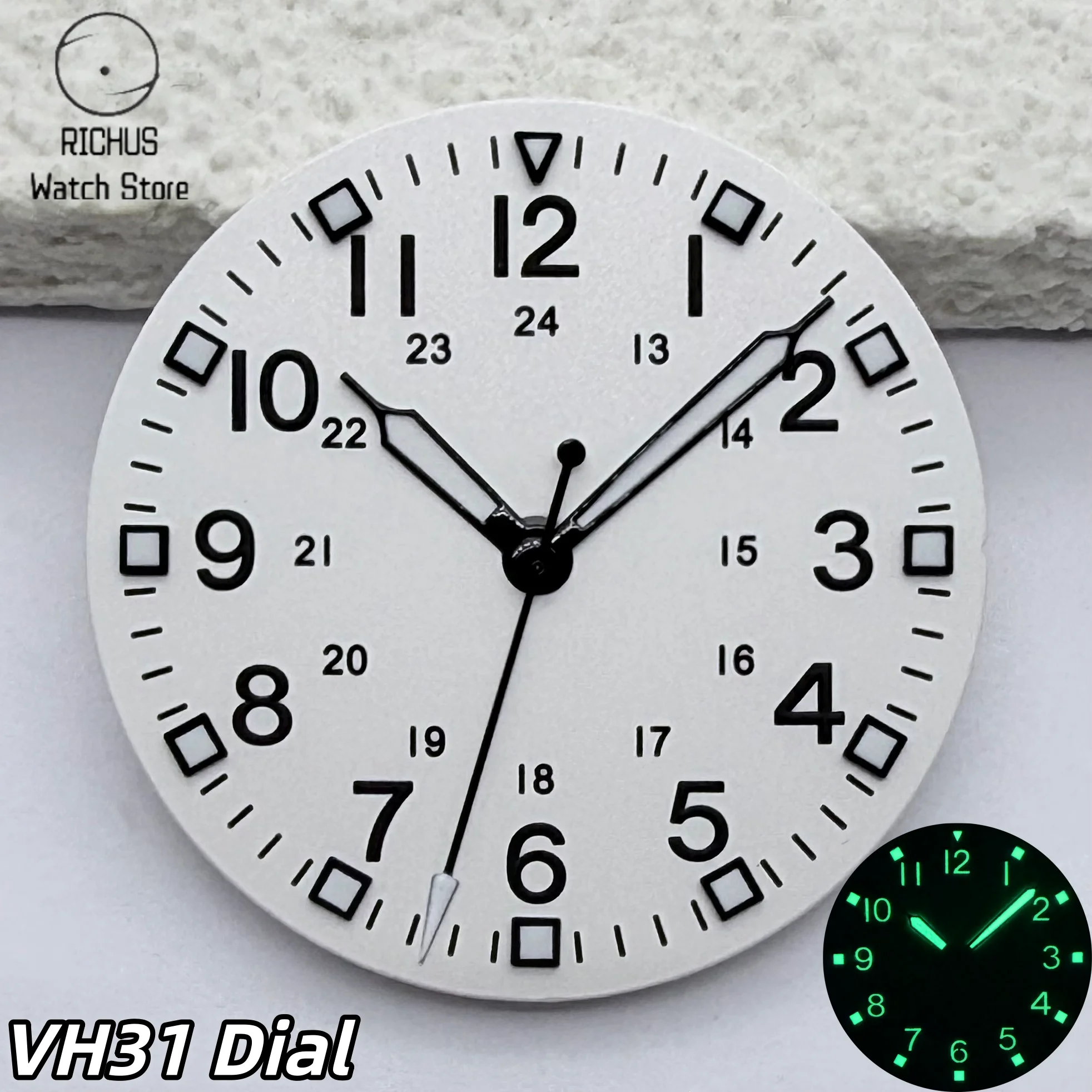 28.5mm Sterile Watch Dial and Hands Set Green Luminous Fit VH31 Quartz Movement Sweeping Second Mod Parts Replacement