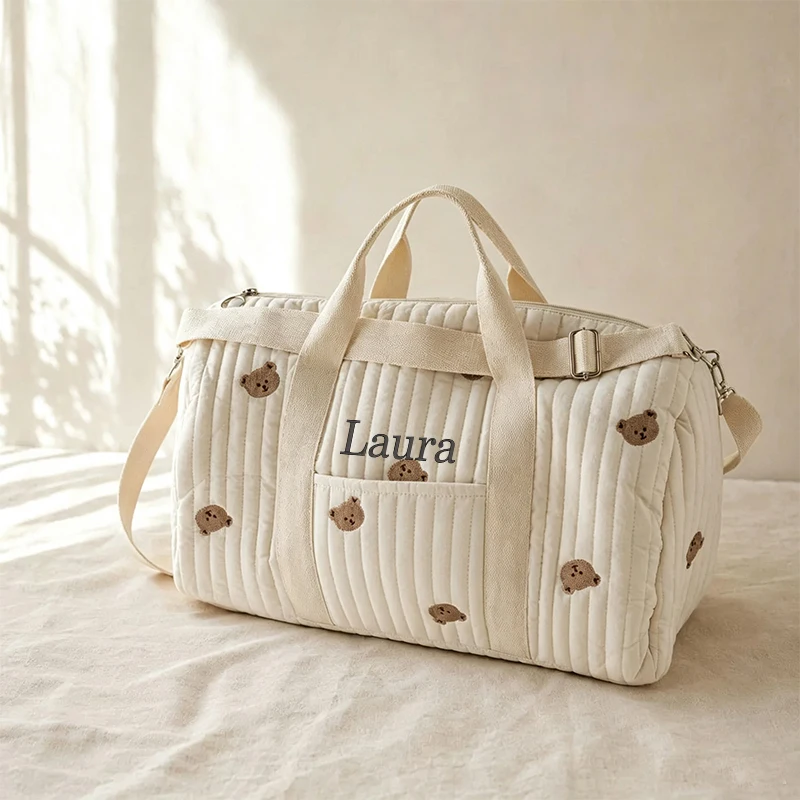 Personalized Quilted Duffle Bag Embroidered Name Weekender Bag Floral Teddy Overnight Travel Bag Bridesmaid Bag Gift School Bags