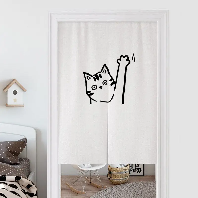 Simple Ins Style Black Cat Fabric Door Curtain Cute Cartoon Cat Half Door Curtain No Punching Hanging Curtain Door Curtain