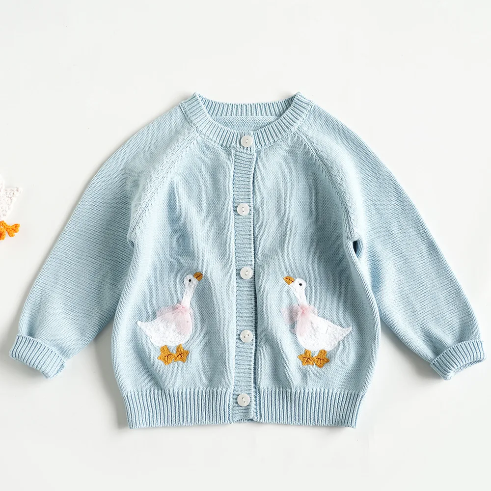 New children's clothing for girls, embroidered knitted sweater, cartoon cardigan, baby casual western-style cotton thread sweate