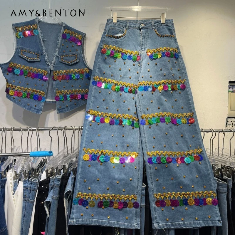 

Oversized Cool Design Sense Color Decorative Vest Sleeveless Top Suit New Summer Heavy Industry Thin Jeans Waistcoat 2-piece Set