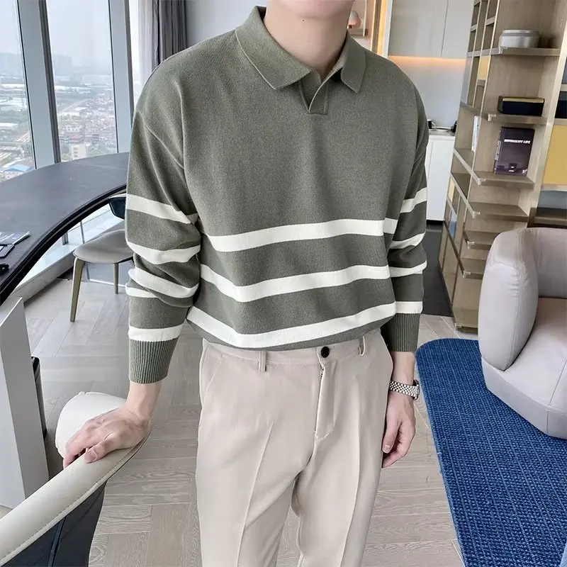 

Удобный мужской вязаный свитер, повседневный полосатый воротник, большой размер, осенне-зимняя одежда Faion Bot Line, свободная одежда для мальчиков