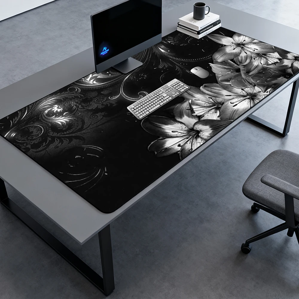 Gothic Floral Mouse Pad Playmat Keyboard Mat 180x60 Black Lily Gaming Elegant Monochrome White Mousepad Full Desk Pad Deskmat