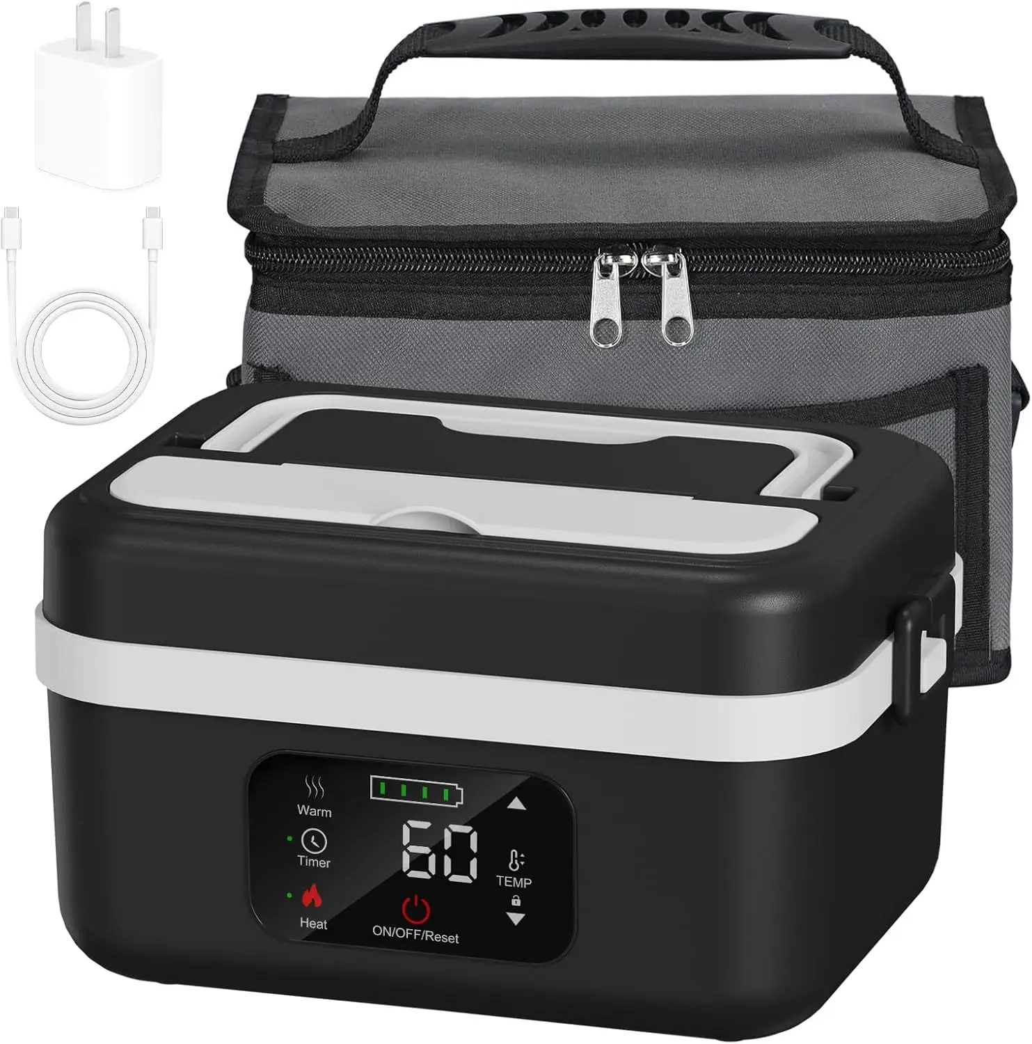 Rechargeable Self-Heating Lunch Box, 16,000 mAh Cordless Electric Lunch Box Food Warmer w/Automatic Scheduled Heating, 4.2