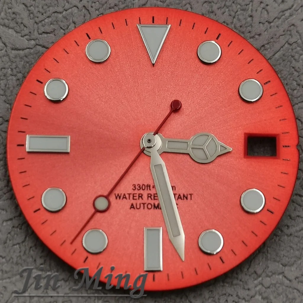 Hochwertiges 28,5 mm silbernes rotes Markierungs-Datumsfenster, grün leuchtendes aseptisches Zifferblatt, passend für NH35/NH36/4R/7S Automatikwerk