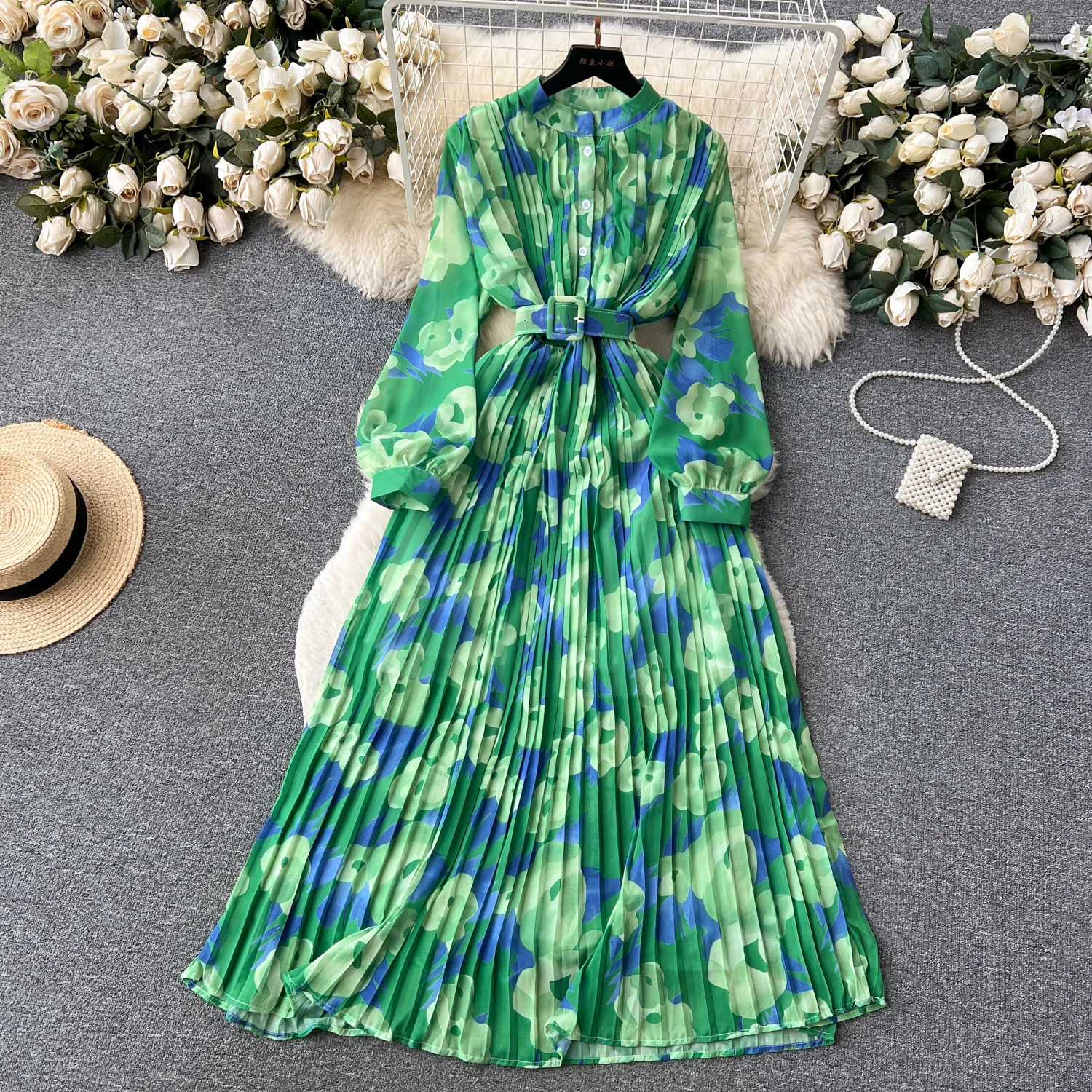 Draping Effect Dress Women Autumn Clothing French Style Puff Sleeve Slim-Fit Long Heavy Industry Pleated Chiffon Floral Dress