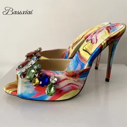 Luxury Diamond Rhinestone Buckle Sandals Women 10cm Stiletto Heel Denim Blue Slingbacks Summer Mules