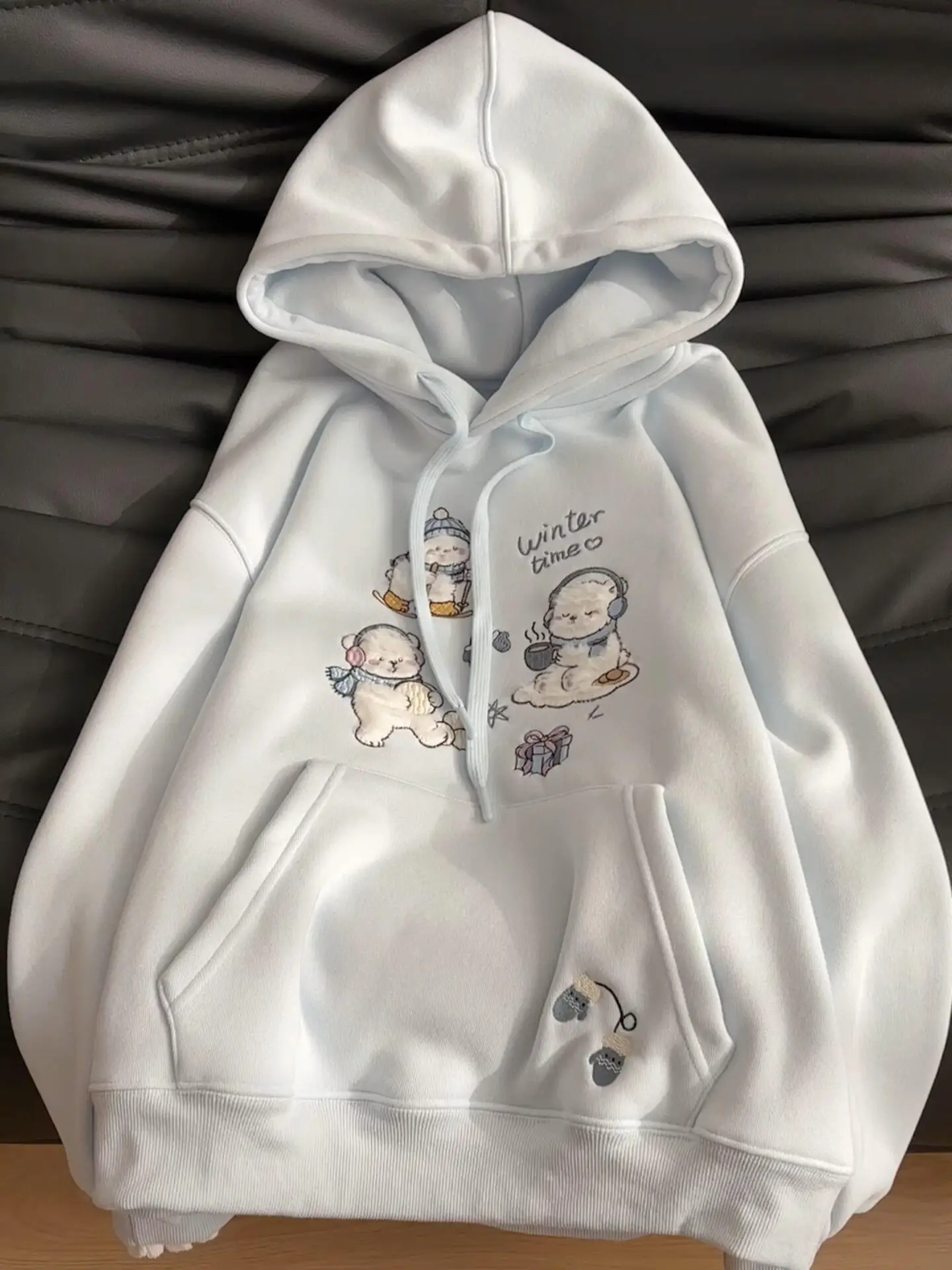 

Милый утепленный худи с объемной вышивкой для женщин, осенне-зимний, на флисовой подкладке, свободный теплый топ с мультяшным анимационным дизайном, повседневный, уличный стиль