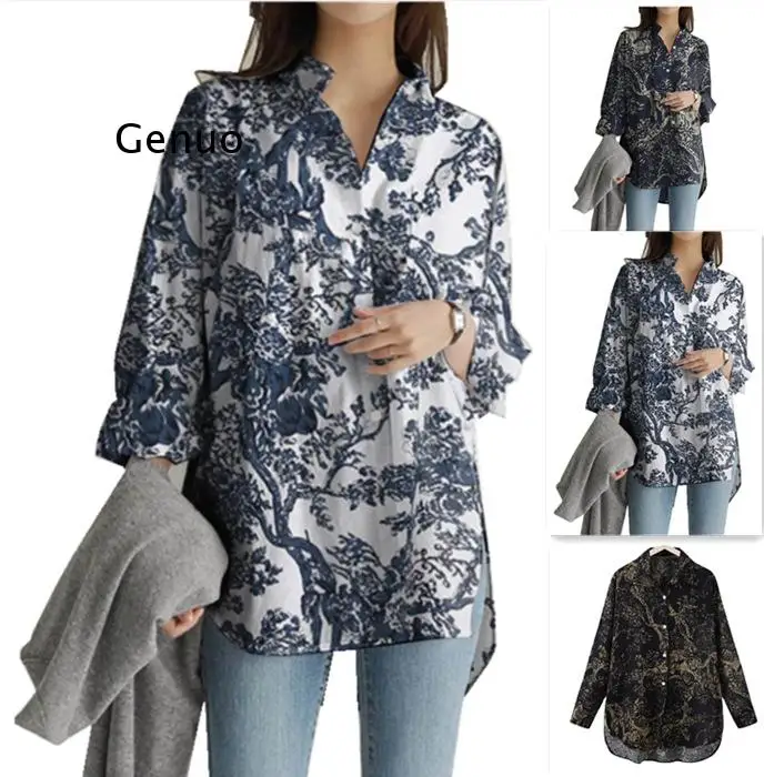 

Women Vintage Kaftan Printed Shirt Blouse 2022 Autumn Long Sleeve Loose Top Tunic Oversized Casual Baggy