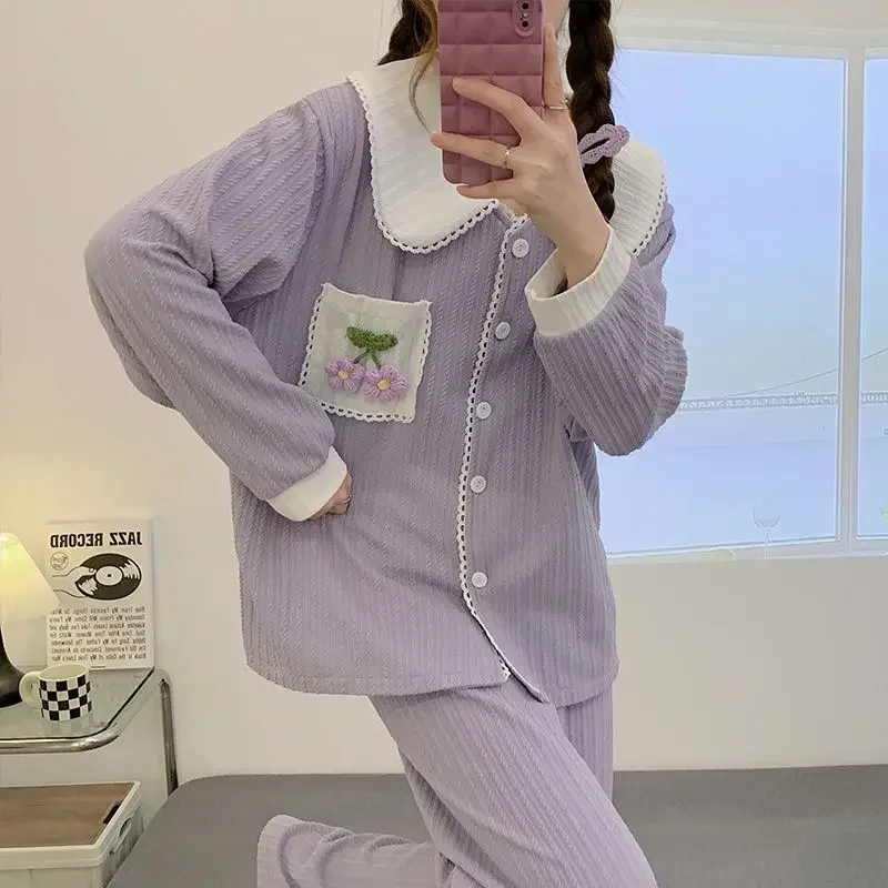 Cotton Sleepwear Women Long Sleeve Pajamas Sets Cardigan Kawaii Clothes Spring Autumn Nightwear Korean Homewear Set Pants