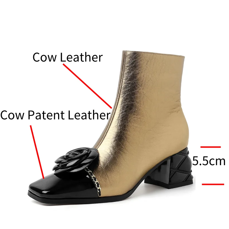 Dilalula 2025 Genuine Leather Flower Metal Chain Short Boots Women Thick High Heels Young Ladies Mixed Color Boots Party Dating