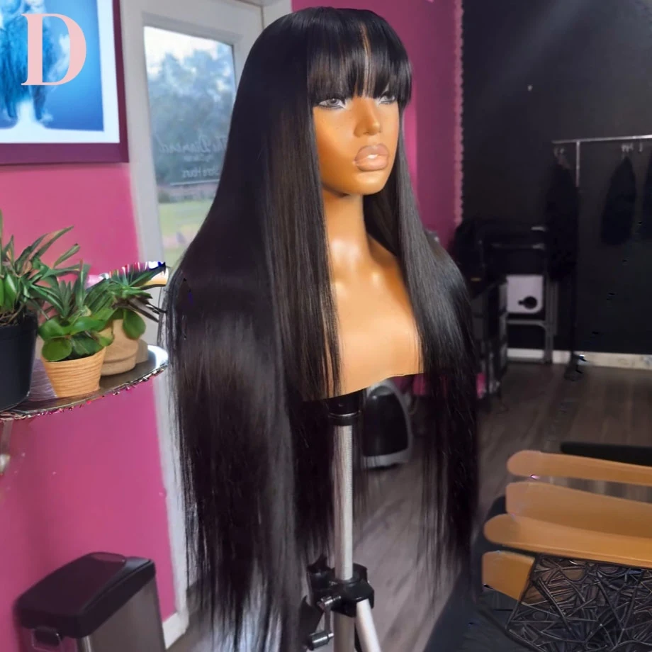 34 Inch Straight Fringe Wigs Human Hair For Women Straight 3x1 Middele Part Lace Realistic Look Fake Scalp Wig Brazilian