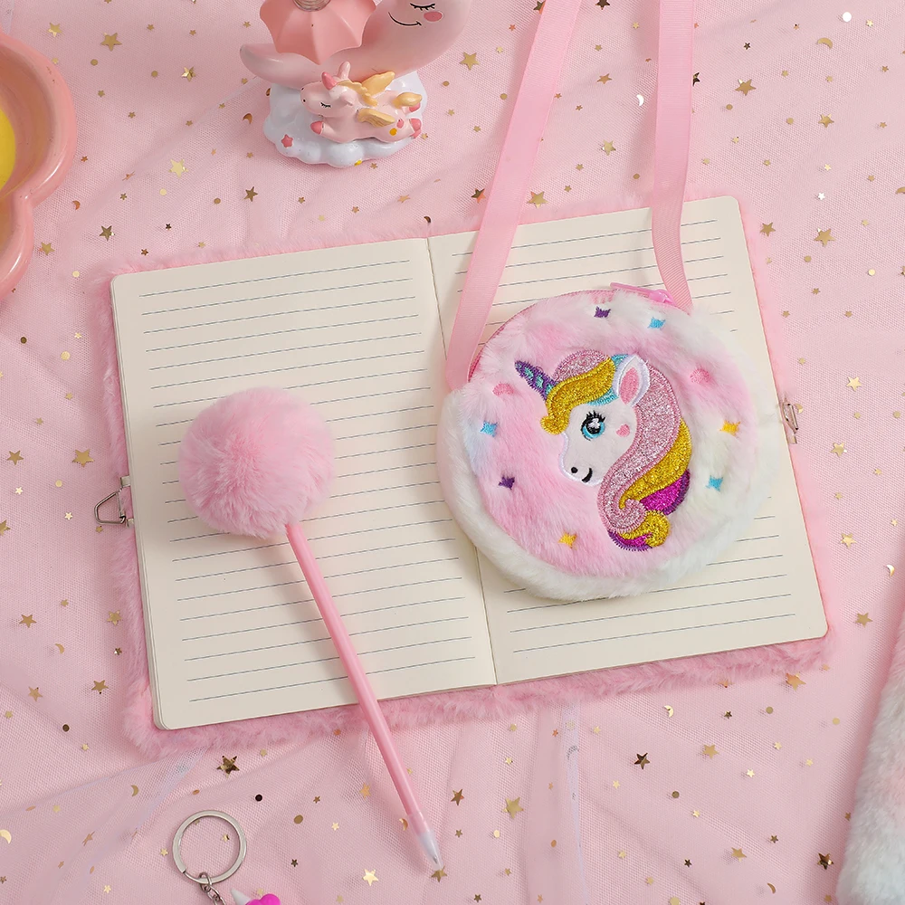 3pcs Diary Notebook SeT Plush Unicorn Stationery For Children Cartoon Notebook Crossbody Bag Plush Pen Student School Supplies