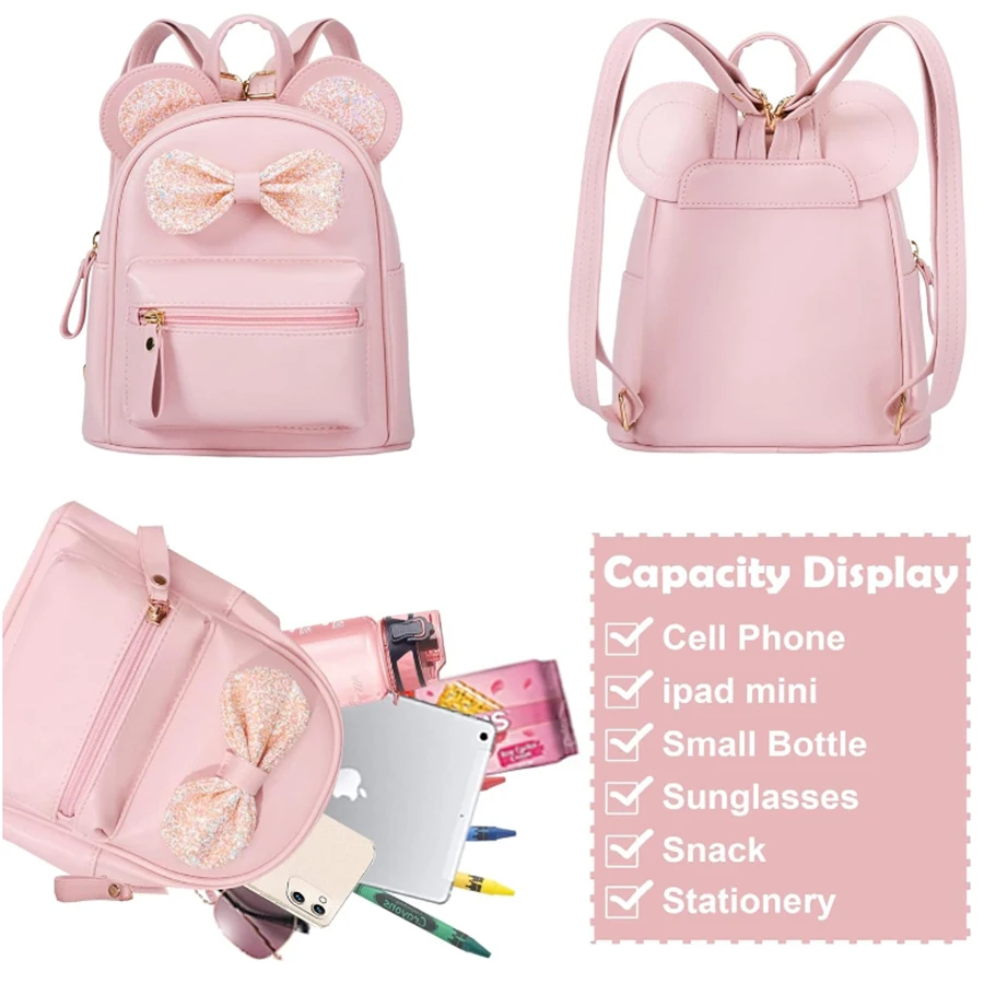 Fashionable and cute mini backpack for children with sequins, bow, mouse ear bag, small travel shoulder backpack suitable for gi