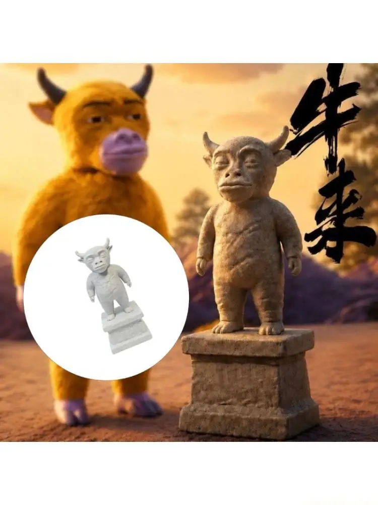 QX2E Abstract Tabletop Cow Statue, 3D Printed Chinese Animated Movie Desk Figurine for Shelf and Console Decors for Entryway