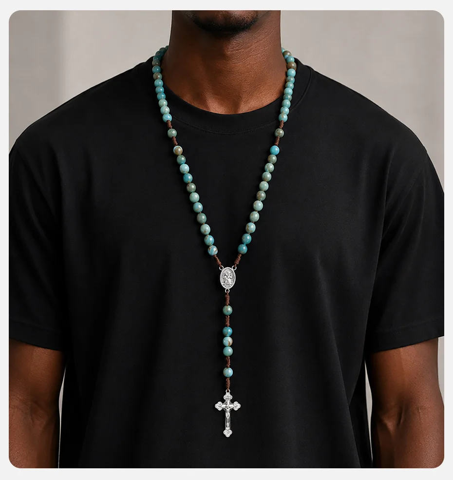 Vnox Herren-Rosenkranz-Halskette, Verzeihungs-Kreuz mit St. Benedikt und Jungfrau Maria, Holzimitierte Achatperlen, Y-förmiger katholischer religiöser Schmuck – Detail 5