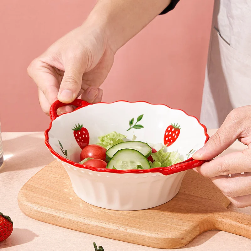 1/2pcs 8-Inch Ceramic Strawberry Ramen Bowl Set – Japanese Cute Design for Noodles & Salads – Microwave Safe, Perfect for Fruit