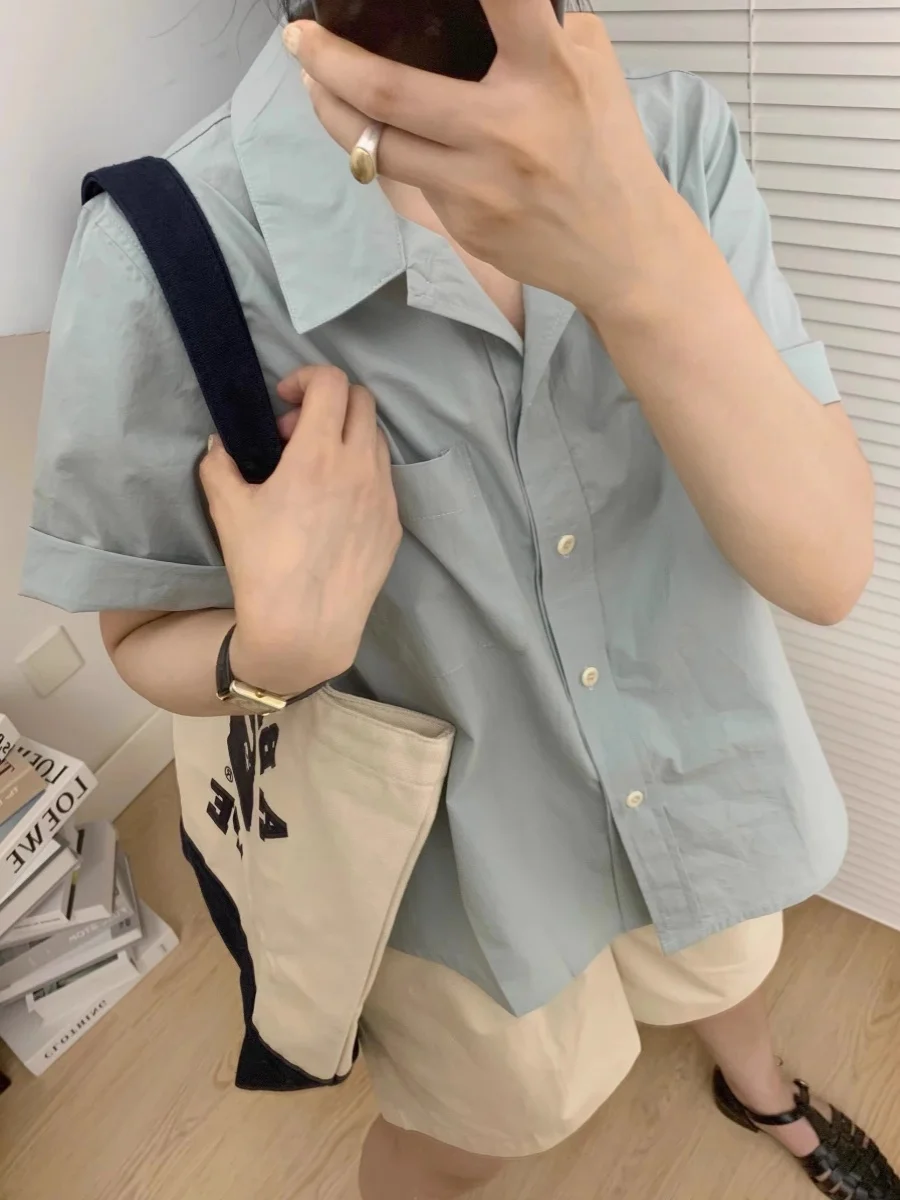 

Mint Blue Cotton Casual Sle Women's irt Summer Simple Loose Fit ort Sve Collar Basic Versatile irt