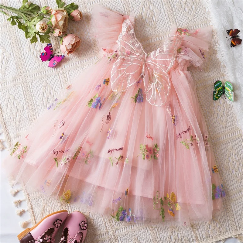 0-5 Years Girls\' Dress Butterfly Dress for Summer New Flying Sleeve Mesh Princess Dress Baby Girls Floral Embroidery Clothes