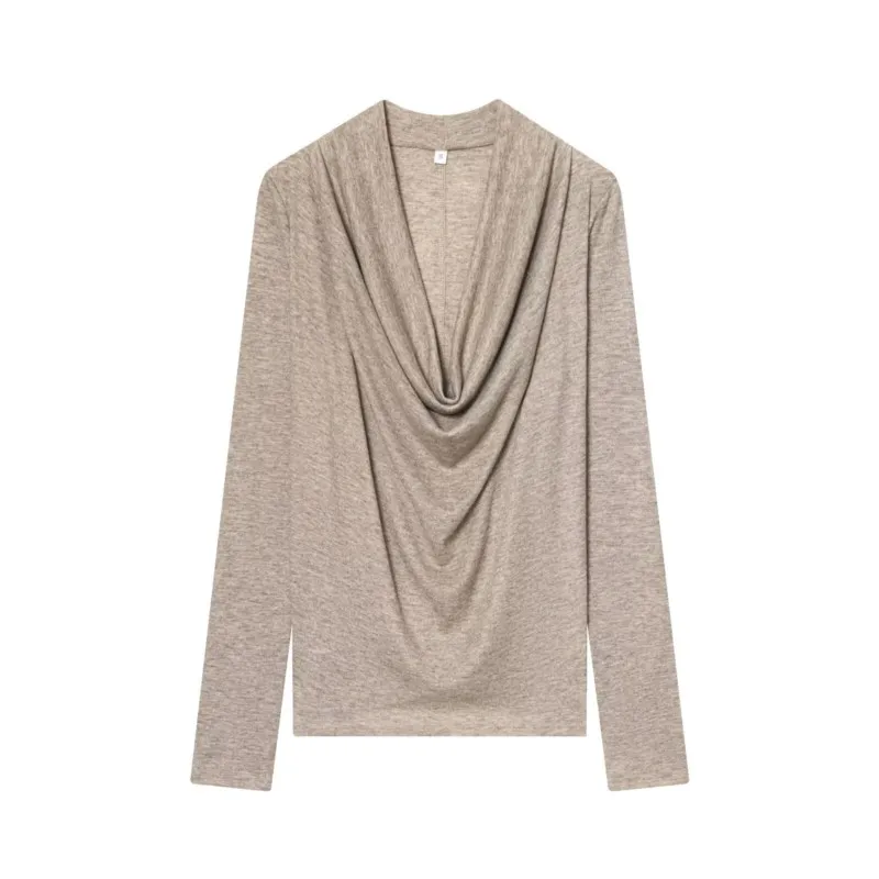 Spring Women Draped Shirts Simple Women's Flowing Neck Slim Fit Blouses Long Sleeve Shirt Female Chic Tops