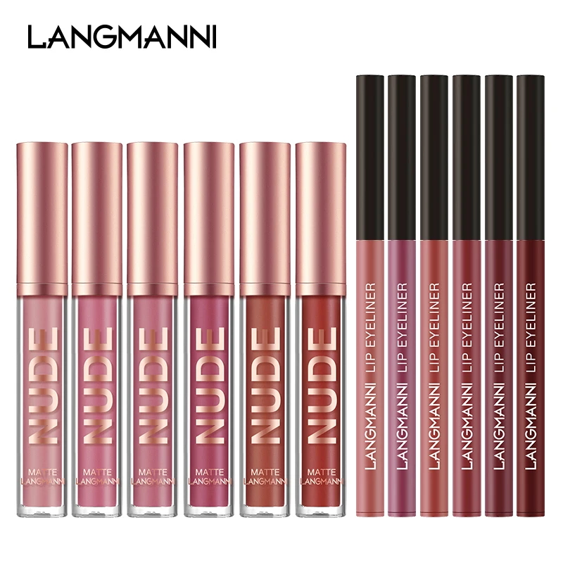 12 pieces of lip glaze lipliner set 6+6 lip gloss lipliner combination is not easy to touch the cup of matte lip gloss lipstick