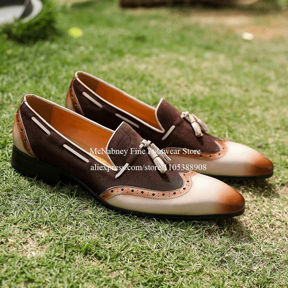 

Luxury Men Tassel Loafers Two Tone Gradient Leather Patchwork Suede Slip on Dress Shoes Formal Business Wedding Shoes for Men