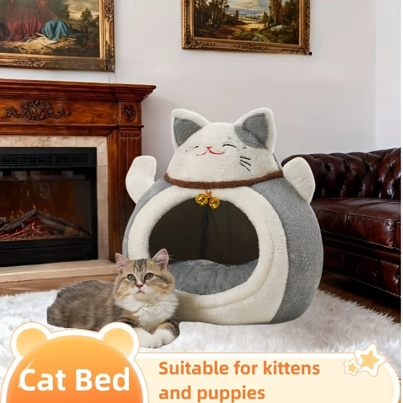 Cozy Plush Cat Bed Suitable for Small & Medium Cats - Warm Cave Nest with Hat Design, Soft Indoor Pet Bed for Kittens, Durable Suitable for Cats Weighing Under 20 Lbs, No Assembly Required, Hideout for